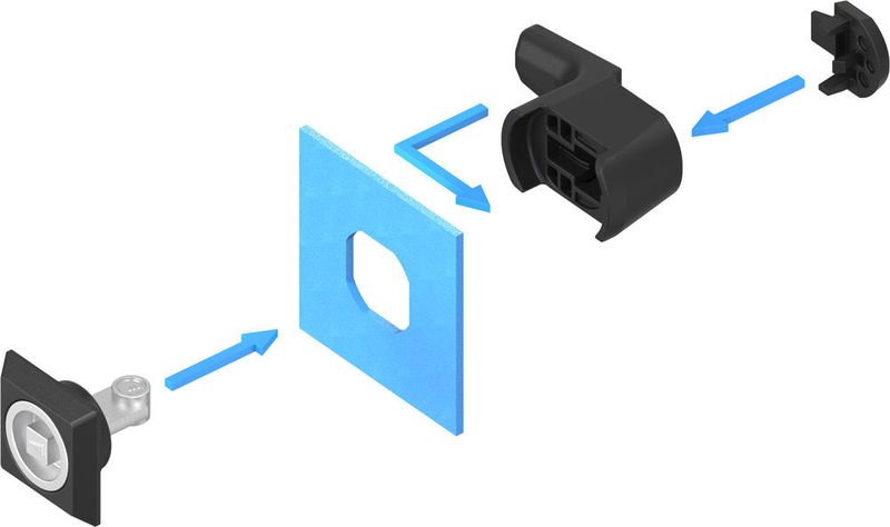 Die von EMKA entwickelte neue Art der Vorreiber-Montage spart nicht nur Zeit, sondern auch Kosten. Das dreiteilige Schließsystem besteht aus Betätigungsbaugruppe, Zunge und Isolierkappe. (Emka)