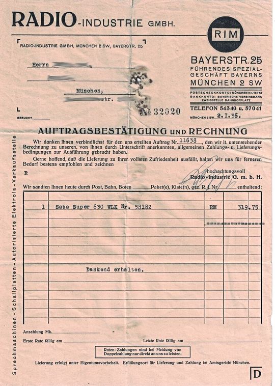 Bild 2: Kaufbeleg aus dem Jahr 1936 für ein Mittelwellen-Röhrenradio.(Bild:  Alfred Eiblmayr)