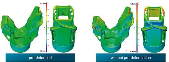 (Links: gemessene geringere Abweichung des vorverformten Bauteils, gegenüber rechts: nicht angepasstes Bauteil. Mit der Fertigungssimulation konnte eine wesentliche Verbesserung der Bauteilqualität erzielt werden. Bild: SLM Solutions)