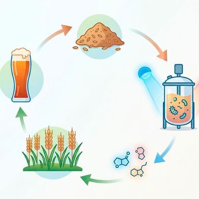 Das „iGEM“-Team der HHU Düsseldorf entwickelt mit „Cozyme" ein modulares System zur Verwertung von Biertreber. Durch lichtgesteuerte Mikroorganismen entsteht ein geschlossener biologischer Kreislauf zwischen Bierproduktion und Landwirtschaft. (Bild: Gemini / KI-generiert)