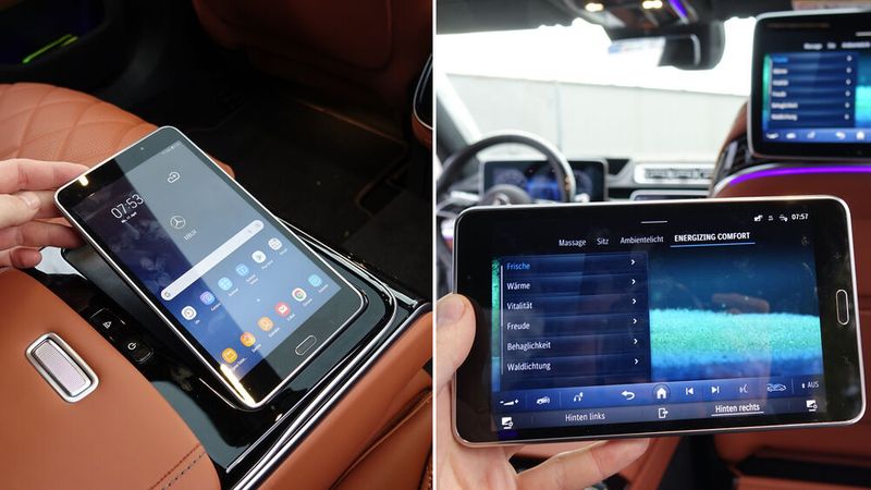 16. Das Tablet: Und wie soll man das alles bedienen? Da ja der Touchscreen am Beifahrersitz nun so weit nach vorne gefahren ist, muss man sich ganz schön nach vorne beugen, um das Infotainmentsystem noch bedienen zu können. Oder man nutzt einfach das in der hinteren Armlehne verstaute und herausnehmbare Tablet. Das spiegelt das Infotainmensystem oder lässt sich auch als ganz normales Tablet benutzen, um z. B. im Netz zu surfen. Man kann aber natürlich auch einfach „Hey Mercedes“ rufen, und der smarte Sprachassistent MBUX nimmt dann die gewünschten Einstellungen vor – vom Regulieren der Temperatur bis zum Hoch- und Runterfahren der Jalousien im Heck. Man kann mit dem Auto wirklich über alles „reden“. Ob Wettervorhersage oder die Erklärung, wie sich beispielsweise das Head-up-Display, das plötzlich weg ist, wieder anschalten lässt. Außerdem erzählt der Assistent (schlechte) Witze. Kein Witz.  (Bild: Schreiner - VCG)