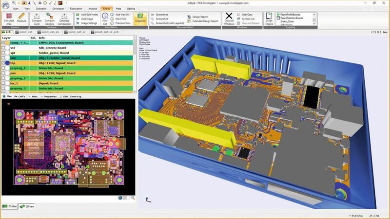 Figure 1: In PCB-Investigator from EasyLogix, you can switch from 2D to 3D views at any time. The spatial effects of every design decision can be visualised immediately. As the example shows, the housing too (blue) can be managed like a component in the ODB++ data collection. The yellow blocks are placeholders with ‘worst-case’ space requirements for components for which a decision still has to be made between different suppliers. (Schindler & Schill)