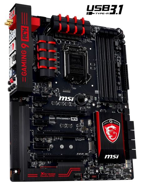 Für die günstigeren Sockel-1150-CPUs von Intel ist das Z97A Gaming 9 ACK bestimmt. Es ist sogar mit einem schnellen WLAN-AC-Controller bestückt. Auch hier stehen für USB 3.1 Gen 2 noch zwei USB-Typ-A-Anschlüsse bereit. (Bild: MSI)