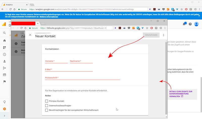 Kontaktpersonen eintragen: Im Abschnitt „Details zum Zusatz zur Datenverarbeitung verwalten“ gilt, mindestens eine Kontaktperson einzutragen. Dabei kann es sich um einen primären Kontakt, den Datenschutzbeauftragten und/oder um den Bevollmächtigten für den europäischen Wirtschaftsraum handeln.  (Martins/Kobylinska)