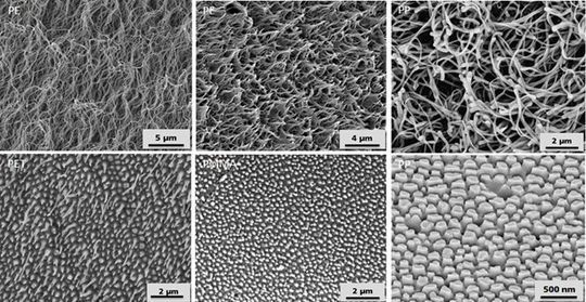 Beispiel vom Fraunhofer IMWS für diverse Nanostrukturen, mit denen Kunststoffoberflächen von Spritzgießbauteilen je nach Anforderung funktionalisiert werden können.(Bild:  Fraunhofer IMWS)