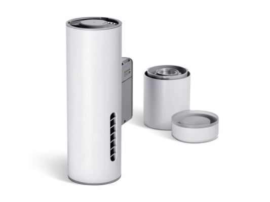 Outdoor-Basisstation Easy Micro:  Easy Micro ist eine kleine Funkbasisstation mit einer ansprechenden Zylinderform. Dank dieser fügt sie sich gut in die unmittelbare Umgebung ein, seien es Außenwände oder Laternenmasten, was die Akzeptanz für die Montage eines solchen Geräts im öffentlichen Raum erhöht. Die Station wird einfach installiert und lässt sich pro-blemlos warten, die Software wird mittels Plug-and-play eingerichtet. Modulare Ports an Ober- und Unterseite der Station ermöglichen es, dass sie schnell mit anderen Modulen wie LEDs, Beamern oder Sicherheitskameras aufgerüstet werden kann, Hersteller Huawei Technologies, Shenzhen, China. (Bild: Red Dot /  Huawei Technologies )