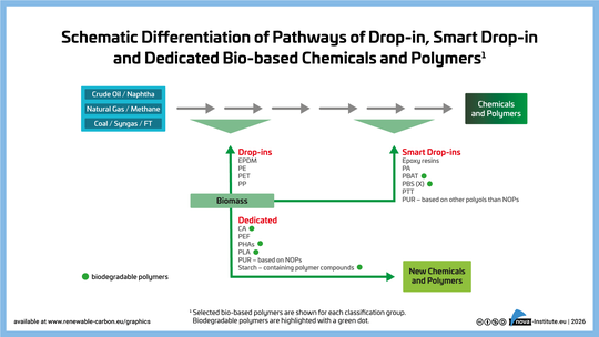 Differenzierung und verarbeitungstechnische Pfade biobasierter Polymere: Drop-in, Smart Drop-in, dediziert biobasiert.(Bild:  Nova-Institut)