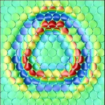 In einer Computersimulation mit den Rastertunnelmikroskop–Daten konnten die Jülicher Forscher zeigen, welche Form die Ringe auf dem Kristallgitter des Kupfers annehmen.  (Bild: Forschungszentrum Jülich)