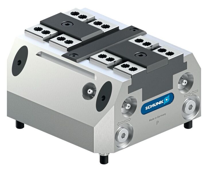 Die kompakten Schunk Tandem Plus 140 Kraftspannblöcke sind speziell auf die automatisierte Maschinenbeladung per Roboter zugeschnitten.  (Schunk)