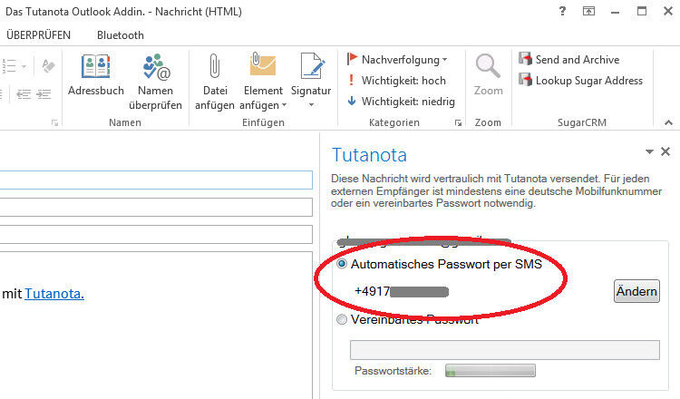 Wenn der Empfänger Tutanota nicht nutzt, benötigt er zum Entschlüsseln ein Passwort. Dieses kann bequem per SMS versendet werden, oder … (Bild: Tutao)