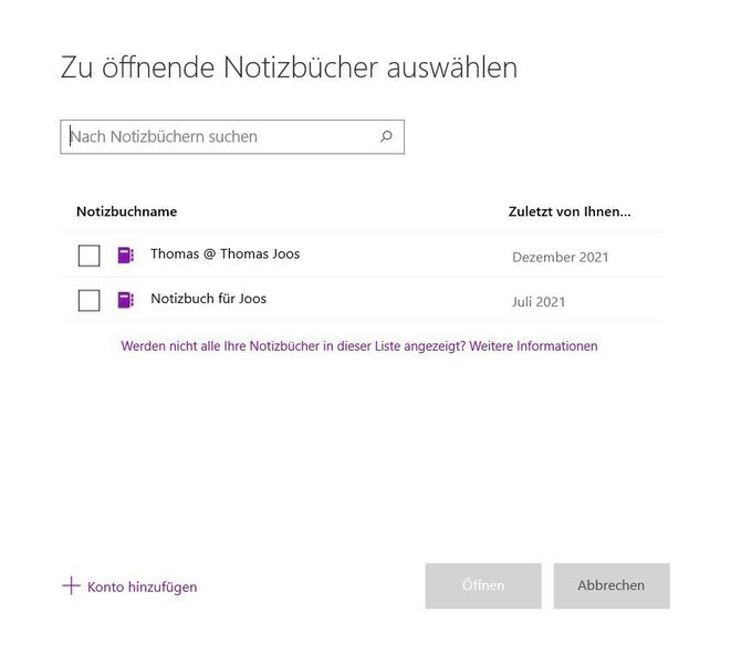 Öffnen weiterer Notizbücher in OneNote. (Joos/Microsoft (Screenshot))
