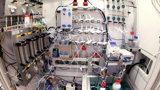 In einer Fermentation – hier im Labormaßstab – verwandeln spezielle Bakterien CO-haltige Gase durch Stoffwechselprozesse in wertvolle Chemikalien.  (Evonik)