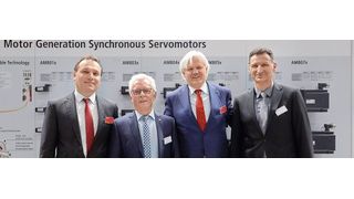 Michael Pfister, Produktmanager Antriebstechnik bei Beckhoff Automation, Erwin Fertig, Geschäftsführer von Fertig Motors, Hans Beckhoff, Geschäftsführender Inhaber von Beckhoff Automation, sowie Dietmar Hamberger, ebenfalls Geschäftsführer von Fertig Motors (v.l.) bei der offiziellen Einweihung der neuen Mechanikfertigung in Marktheidenfeld. (Beckhoff)
