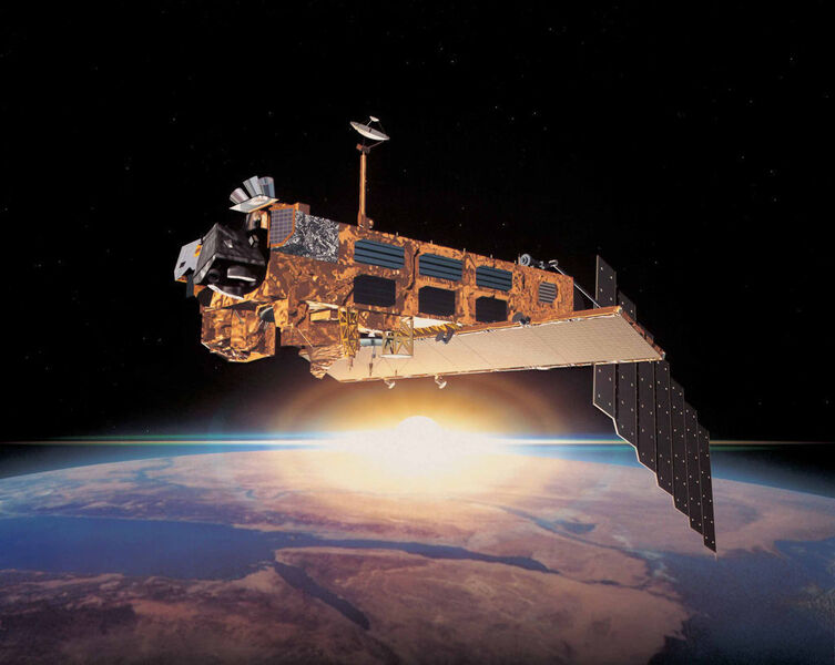 Abb. 2: Der 2002 gestartete europäische Umweltsatellit ENVISAT, auf dem SCIAMACHY (Scanning Imaging Absorption Spectrometer for Atmospheric CHartographY) als eines der Hauptinstrumente im Einsatz ist.  (Bild: ESA)