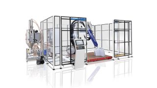 Here you can see the newly developed, robot-assisted 3D printing system Powerprint Flex from KraussMaffei. It will be the centerpiece of the Parsdorf-based company’s appearance at Formnext 2025. Learn more here... (Source: Krauss-Maffei)