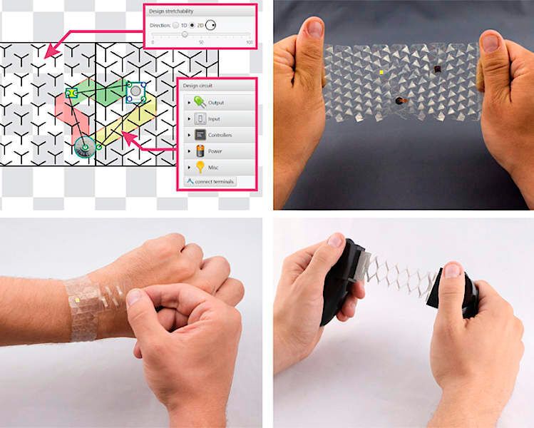 Die Forscher entwickelten drei Prototypen in nur 5 Minuten: ein transparentes Armband mit Leuchtdiode, eine flexible Steuerung für Computerspiele und ein Sensor, der den Beugungsgrad in einer Ellenbogenbandage misst. (Universität des Saarlandes)