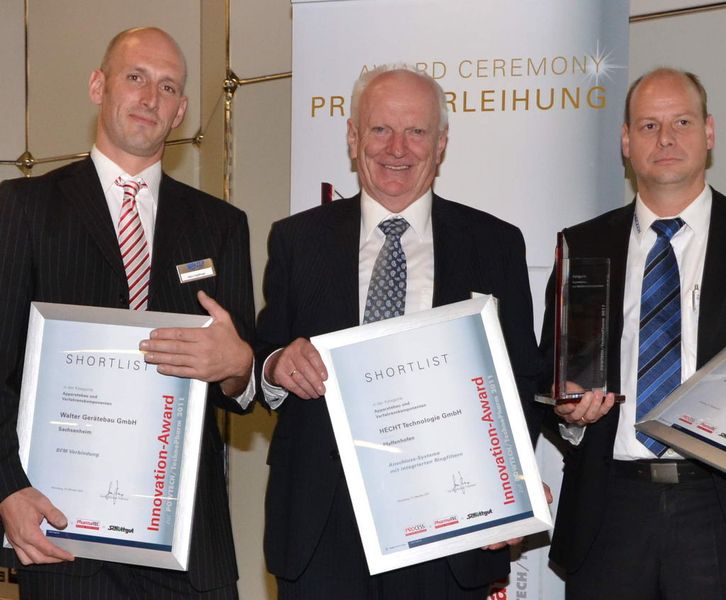 Die Shortlist der Kategorie Apparatebau/Verfahrenskomponenten (v.l.n.r.): Marc Ingelfinger (Walter Gerätebau), Günther Hecht (Hecht Technologie), Stephan Brand (Aerzener Maschinenfabrik) (Bild: PROCESS)