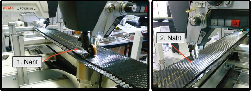 Nach der Formgebung fixieren je nach benötigter Nahtanzahl mehrere in Reihe angeordnete Säulennähmaschinen die Preform in der gewünschten Querschnittsform. (Bild: IVW)