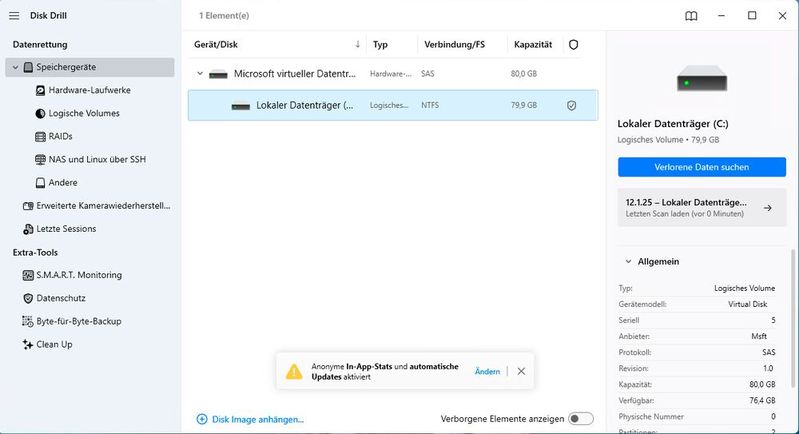 Disk Drill kann verloren gegangene Daten wiederherstellen. (Bild:  Joos – CleverFiles)