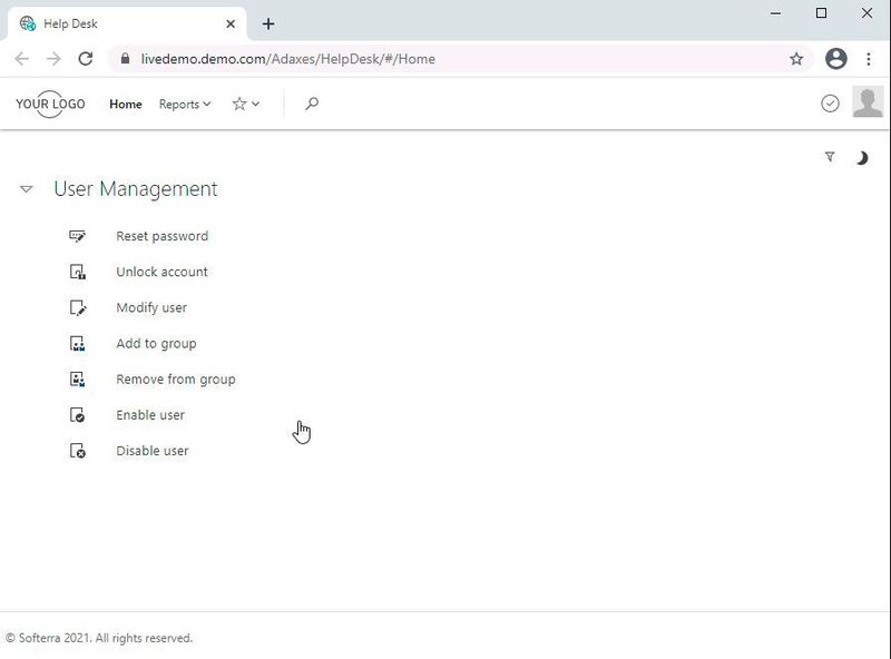 Adaxes bietet auch ein Webportal für viele Aufgaben an. Dieses Portal steht auch dem Support und den Benutzern zur Verfügung. (Joos / Adaxes)