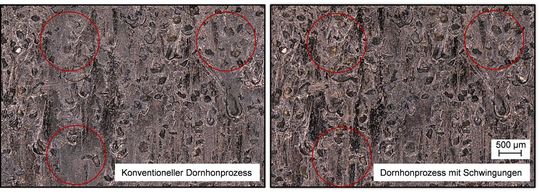 Honen ohne Kühlschmierstoff? Das geht! Vergleich von Honleisten nach dem üblichen Prozess mit KSS. Rechts wurde aber mit, und daneben ohne induzierte Schwingungen gehont. Links gibt es mehr Materialanhäufungen. Das machte Mut...(Bild:  IWF)