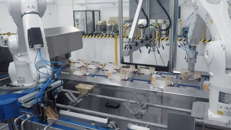 Die durchgeschnittenen Sandwiches werden von den Robotern in die bereitgestellten Papiertaschen gelegt. (Bild: Kuka)