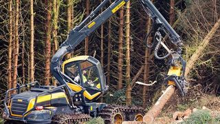 Der achträdrige Harvester Scorpionking zeichnet sich durch einen Kranausleger (C50) aus, der auf einer Gabelsäule ruhend über die Kabine hinweg greift und so dem Maschinisten optimale Sicht auf den Arbeitsbereich gewährt. Der Hersteller dieses kraftvollen „Ungetüms“ ist das Unternehmen Ponsse, das bei der Herstellung diverser Komponenten auf Schweißtechnik von Fronius Perfect Welding vertraut. (Ponsse)