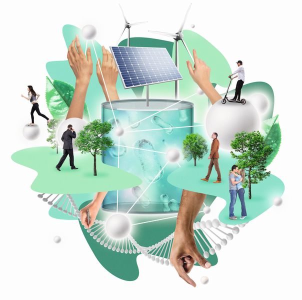 2. Szenario: Nachhaltigkeits-Paradigma  Nachhaltigkeit hat sich als bestimmendes Wirtschaftsprinzip durchgesetzt. Biotechnologie ist so weit entwickelt, dass sich viele Chemikalien von modifizierten Mikroben aus Biomasse herstellen lassen. Erneuerbare Energien sind so günstig, dass sie andere Energieträger in Verkehr und Industrie abgelöst haben. Folgen: Beschaffung von Biomasse wie Holz, Stroh oder Algen wird wichtiger Es kommt verstärkt zu Dezentralisierung: Chemieunternehmen integrieren sich in die Land-, Forst- oder Algenwirtschaft, um die Rohstoffversorgung zu sichern; Anlagen rücken näher an Energiequellen.  Weitere Informationen zu den fünf Szenarien finden Sie auf der Homepage von Evonik. (Illustrationen: Dave Hänggi für Evonik)