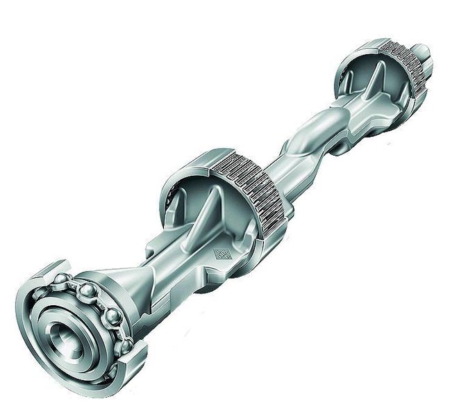 Geschmiedete Ausgleichswelle mit Wälzlagerung für Vier-Zylinder-Reihen-Motoren. Bei Substitution einer Gusswelle damit ein Automobil bis zu 1% Kraftstoff ein. Bild: Industrieverband Massivumformung (Archiv: Vogel Business Media)