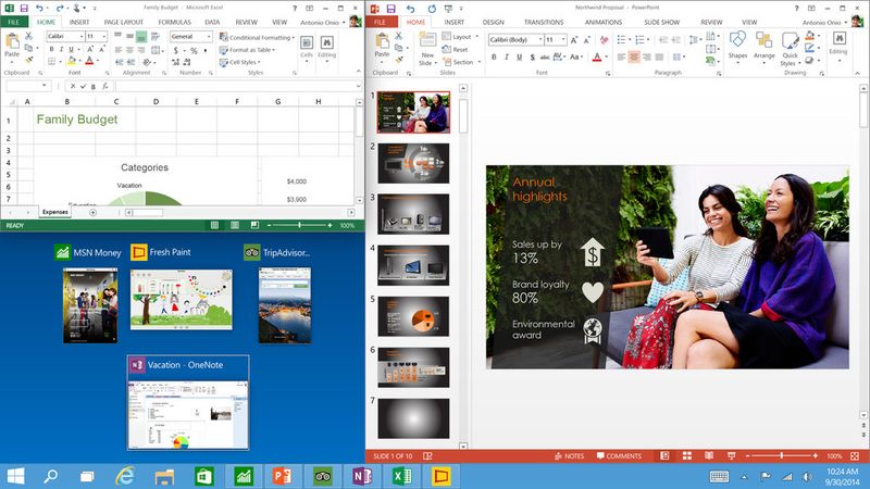 Mit der neuen Snap Funktion lassen sich zukünftig bis zu vier Apps gleichzeitig auf dem Bildschirm anordnen. (Microsoft)
