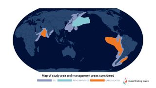 The study area considered in this paper focused on four regions: the southwest Atlantic Ocean, northwest Indian Ocean, and the northwest and southeast Pacific Ocean. (Source: Global Fishing Watch)