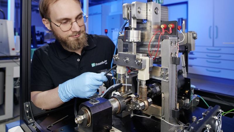 With the BioSlide research project, the Fraunhofer IWS is investigating how sliding systems can be designed to be more sustainable and energy-efficient. New materials can be tested in a particularly application-oriented manner on this plain bearing test stand.(Image: Fraunhofer IWS)