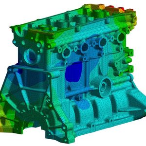 Das Bild zeigt eine Eigenfrequenzstudie eines Motorblocks in Ansys Mechanical.