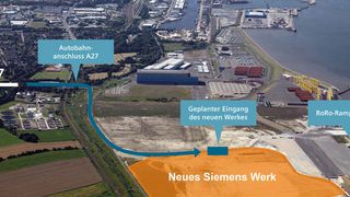 Die Fertigung soll auf einer Fläche von rund 170.00 qm – rund 24 Fußballfeldern – direkt am Hafen entstehen. In der ersten Produktionsstätte für Offshore-Windkraftanlagen in Deutschland, die ab Mitte 2017 Betrieb geht, sollen bis zu 1000 Arbeitsplätze entstehen. (Bild: www.siemens.com/press)