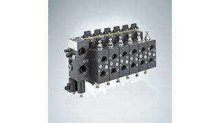 Steuerblock aus Proportional-Wegeschieberventilen Typ PSL von HAWE Hydraulik für sechs Kranfunktionen. Die Ventile werden elektrisch betätigt. (Bild: Hawe Hydraulik)