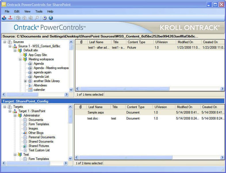 Ontrack PowerControls für SharePoint – Zweigeteilte Benutzeroberfläche (Quelle/Ziel) (Archiv: Vogel Business Media)