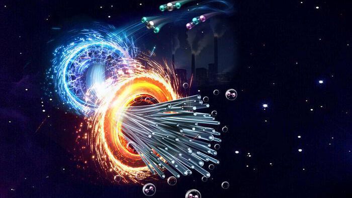 Scientists have devised a strategy for converting carbon dioxide (CO2) from the atmosphere into valuable carbon nanofibers. The process uses tandem electrocatalytic (blue ring) and thermocatalytic (orange ring) reactions to convert the CO2 (teal and silver molecules) plus water (purple and teal) into fixed carbon nanofibers (silver), producing hydrogen gas (H2, purple) as a beneficial byproduct. The carbon nanofibers could be used to strengthen building materials such as cement and lock away carbon for decades.(Source:  Zhenhua Xie/Brookhaven National Laboratory and Columbia University; Erwei Huang/Brookhaven National Laboratory)