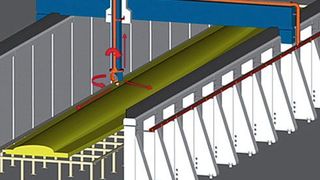 Direktabsaugung: Über eine in allen fünf Maschinenachsen bewegliche Gelenkkonstruktion werden Staub und Späne direkt am Werkzeug erfasst (CAD-Simulation). Die Direktabsaugung am Werkzeug ist die optimale Lösung bei der Bearbeitung flächiger Bauteile aus Faserverbundwerkstoffen.  (Bild: Erbo)