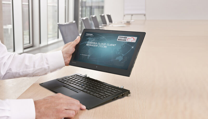 Toshibas neues 2-in-1-Gerät mit Core-M-Prozessor ist der Portégé Z20t. Der 12,5-Zoll-Detachable ist mit einem zusätzlichen Akku im Keyboard-Dock ausgestattet und soll so eine Akkulaufzeit von bis zu 16 Stunden bieten. (Bild: Toshiba)