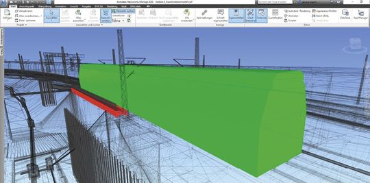 (Das BIM-Modell macht betriebliche Einschränkungen sichtbar: Lichtraum- profil des Gleises (grün) wird durch die Randkappe einer Brücke (rot) gestört. Bild: DB E&C)