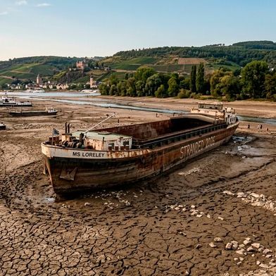 Nun, so krass, wie auf diesem KI-Bild, sieht es auf Deutschlands Wassertraßen zum Glück noch nicht aus. Aber man muss sich Gedanken machen, wie Güter alternativ transportiert werden können, wenn die Lage sich verschlechtert. Und schon gibt`s gespaltene Lager ... (Bild: KI-generiert)
