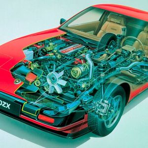 Eine Klasse für sich: In den 70ern meistverkaufter Sportler der Welt, 1986 als Nissan 300ZX mit Turbo-Power in Amerika zum günstigen Preis. Anstelle des vormaligen Reihensechszylinders im Vorgänger 280ZX kamen im 300ZX erstmals V6-Triebwerke zum Einsatz. Den neuen Dreiliter mit obenliegender Nockenwelle gab es in Europa als Saugversion (Typ VG30E) mit 125 kW (170 PS) oder als Turbolader-Version (Typ VG30ET) mit 168 kW (228 PS). (Bild:  Nissan)