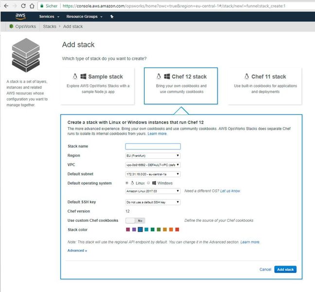 Beim Erstellen des Stacks hat der Admin die Wahl zwischen „Sample stack“, „Chef 12 stack“ und „Chef 11 stack“. (Drilling / AWS)