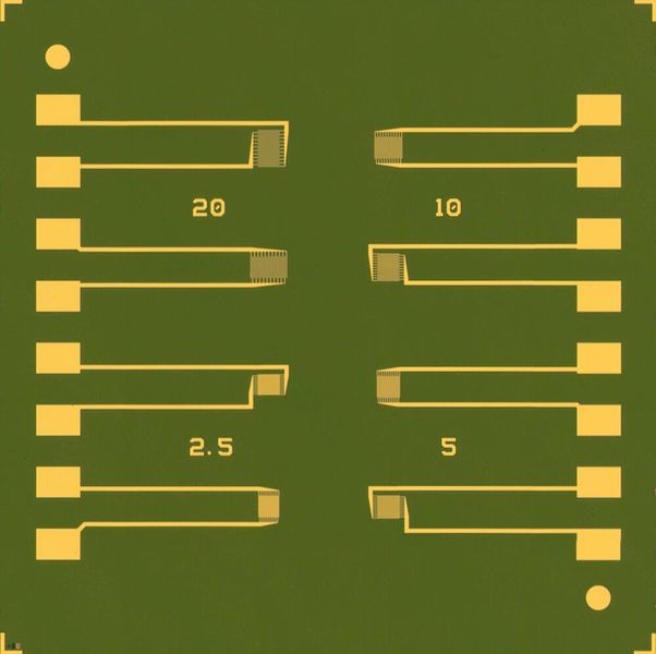 Chip AX1580, 15x15 mm2, mit 8 Gold-Interdigitalelektrodenpaaren mit einer Kanalweite von 10 mm und Kanallängen von 2,5; 5, 10 und 20 µm. Der Chip selbst kann als Gateelektrode genutzt werden, das Gateoxid zwischen Gate und den Interdigitalelektroden ist typisch SiO2 mit einer Dicke von 230 nm. (Bild: Fraunhofer IPMS)