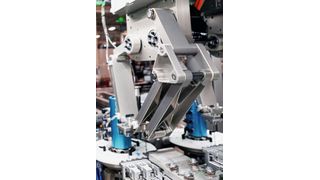 Symphoni ist eine leistungsstarke, modulare Automatisierungsplattform mit neuartiger elektronischer Kurvenscheiben-Software. Sie optimiert die Bewegung der Rapid-Speed-Matching-Technologie (RSM) und steigert so den Durchsatz ohne Qualitätseinbussen.  (Bild: Kistler Gruppe)