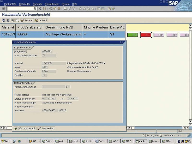 Bild 2: Kanban-„Leer“-Meldung mit neuer Bestellung in SAP. Bild 1 und 2: A&K (Archiv: Vogel Business Media)
