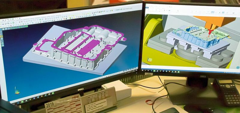Programmieren (l.) und Simulieren (r.) mit dem  CAD/CAM-System VISI beschleunigt den Ablauf von der Konstruktion zur Bearbeitung.   (Bild: Mecadat)