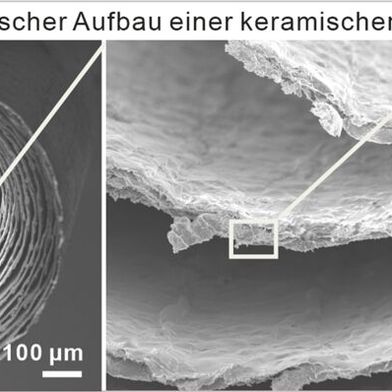 Weitere, tiefergehende Aufnahmen der keramischen Mikrorolle, die man per Rasterelektronenmikroskop gemacht hat. (Bild: Universität Stuttgart / IMW)