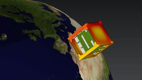Simulation des Wärmetransports eines Satelliten im Orbit mit der Temperaturverteilung. 
 (Bild: Bild der Erde: Visible Earth und NASA / Bild Simulation: Comsol)
