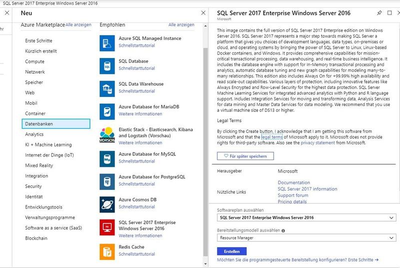 In Microsoft Azure lassen sich auch vollständige Windows-Server erstellen, auf denen Microsoft SQL Server in der aktuellen Version installiert ist. (Thomas Joos / Microsoft)